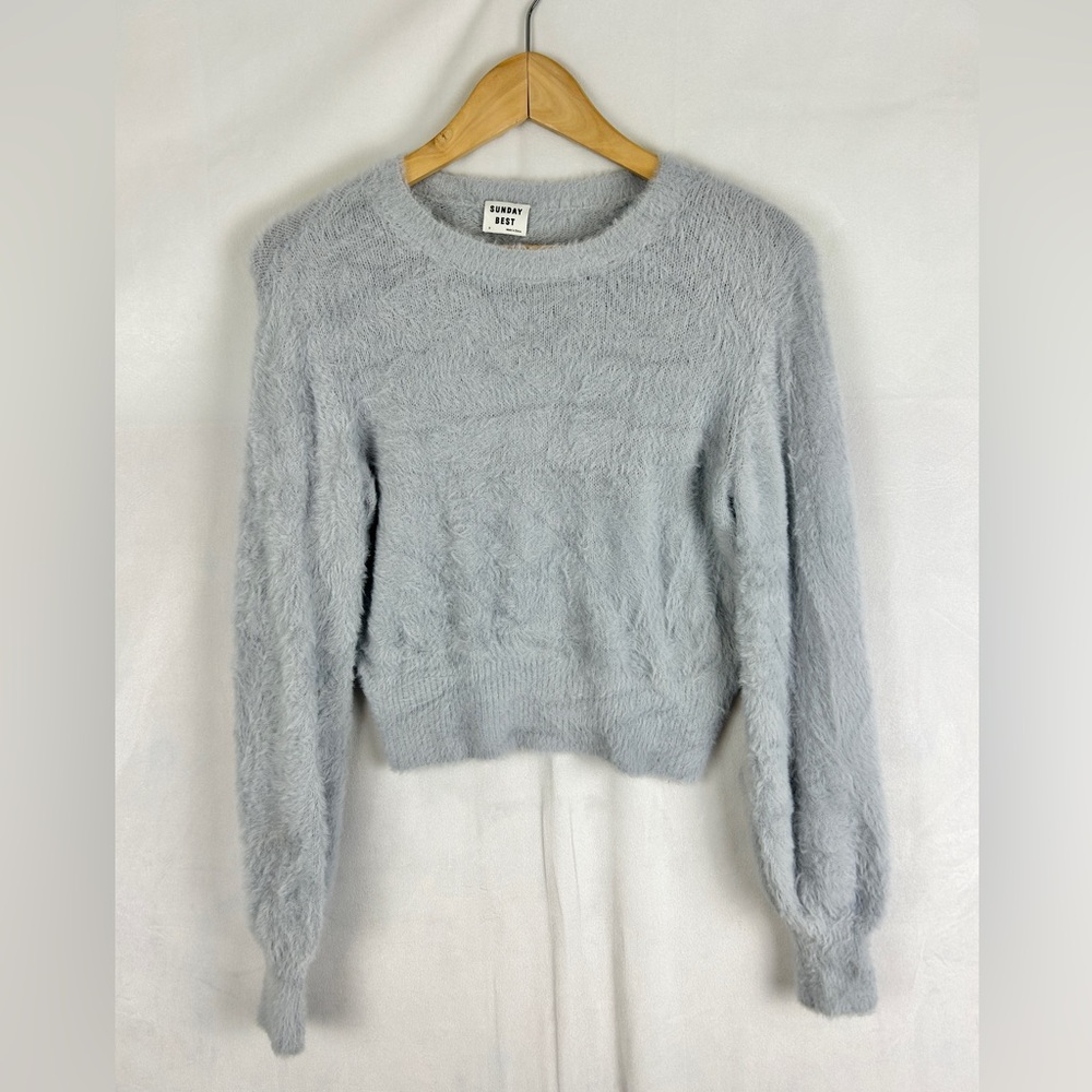 SUNDAY BEST Blue Fuzzy Eyelash Knit Cropped Sweater Size Small‎ Pullover Cozy